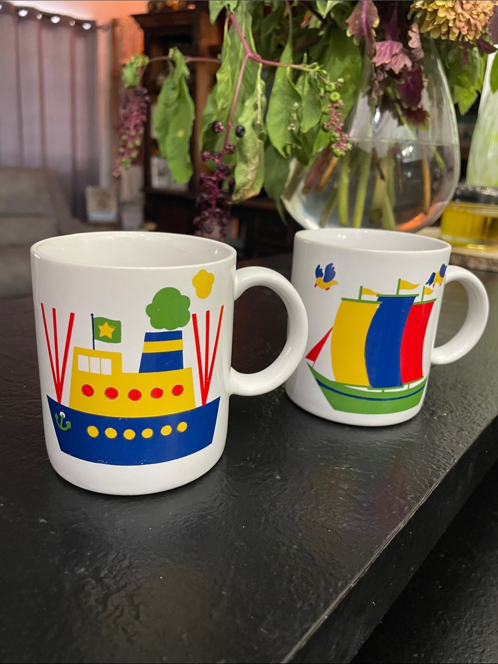 White Ceramic Boat Mug with Colorful Nautical PrintSet of 2- Japan